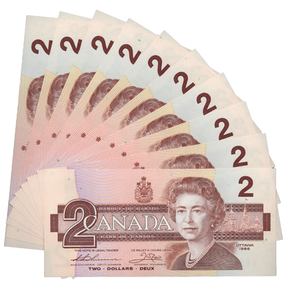 Canada 2 Dollars 1986 Pick BC-55b UNC 10 Consecutive Serial Number Set Thiessen-Crow