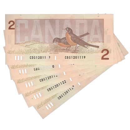 Canada 2 Dollars 1986 Pick BC-55b UNC 5 Consecutive Serial Number Set Thiessen-Crow