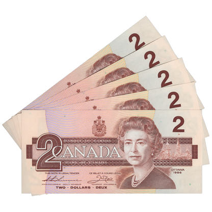Canada 2 Dollars 1986 Pick BC-55b UNC 5 Consecutive Serial Number Set Thiessen-Crow