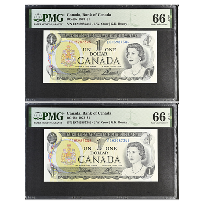 Canada 1 Dollar 1973 BC-46b Gem UNC 66 EPQ Consecutive Pair- SN: ECM3987345 and ECM3987346