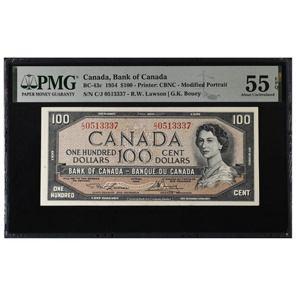 Canada $100 1954 Modified Series BC-43c Lawson-Bouey Prefix C/J PMG AU-55 EPQ