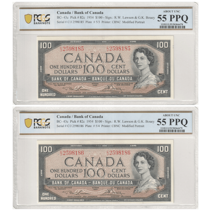 Canada 100 Dollars 1954 Pick BC-43c About UNC 55 PPQ Consecutive Pair