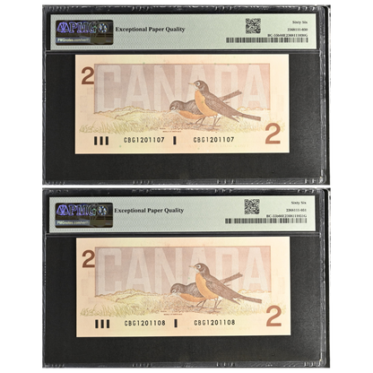 Canada 2 Dollars 1986 Pick BC-55b Gem UNC 66 EPQ Consecutive Pair