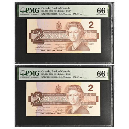 Canada 2 Dollars 1986 Pick BC-55b Gem UNC 66 EPQ Consecutive Pair