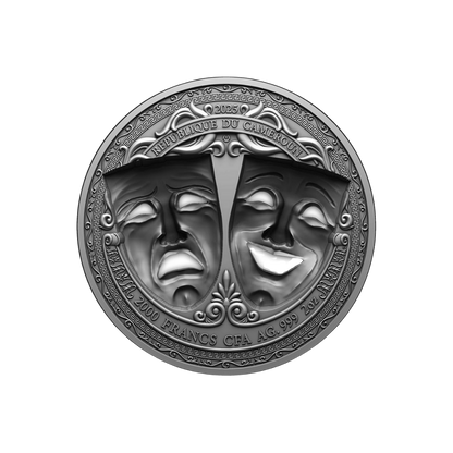 Comedy & Tragedy 3D Holed Mask 2 Oz Silver Coin 2025