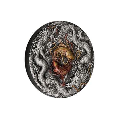 DOUBLE DRAGON AND YIN YANG KOI 2 Oz Silver Coin $2 Tuvalu 2021