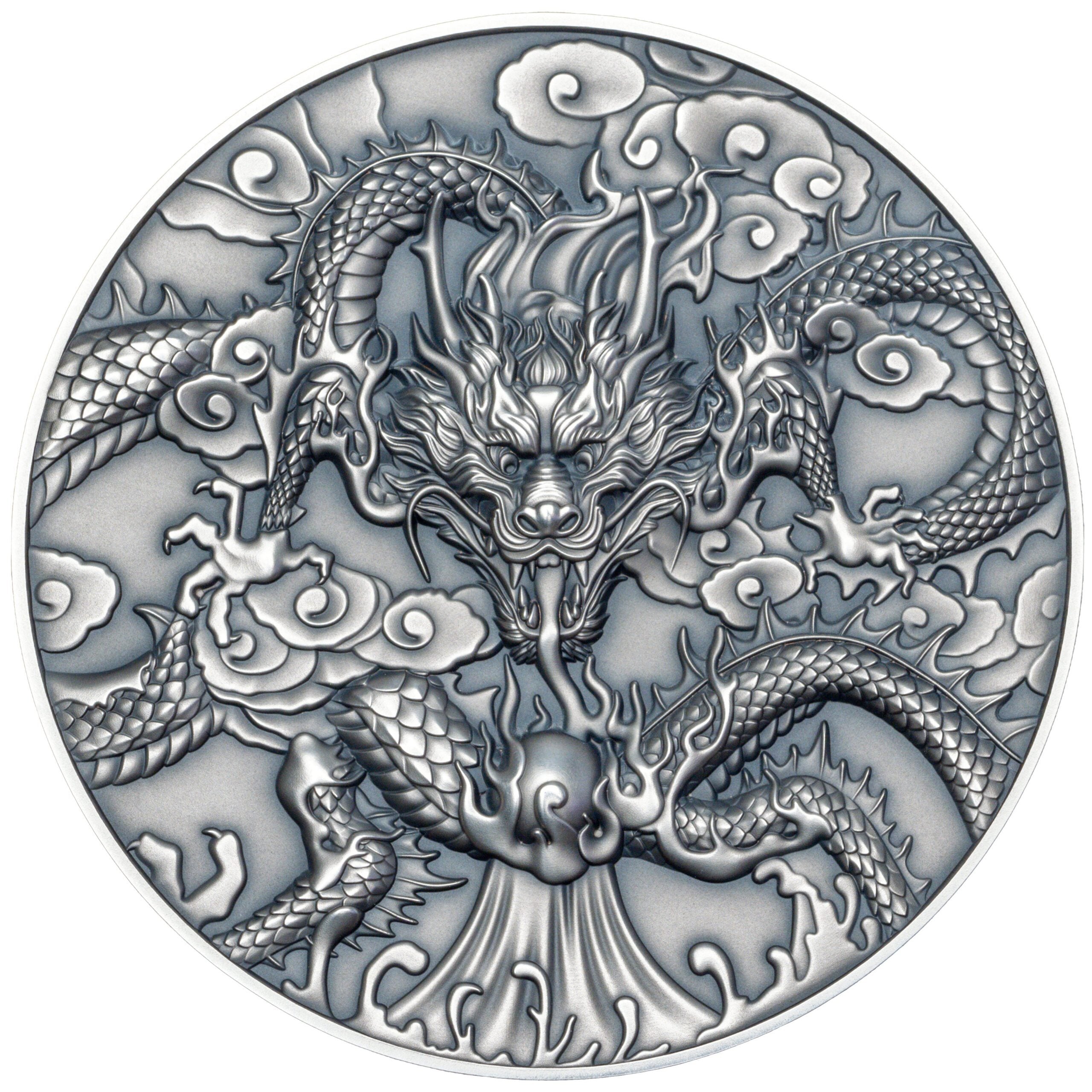 CHINESE DRAGON ART Antiqued 5 Oz Silver Coin $10 Niue 2024