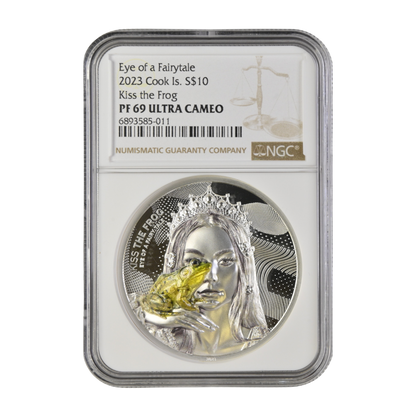 Eye of a Fairytale, KISS THE FROG 2 Oz Silver Coin $10 Cook Islands 2023- NGC graded PF 69 & PF 70 Ultra Cameo