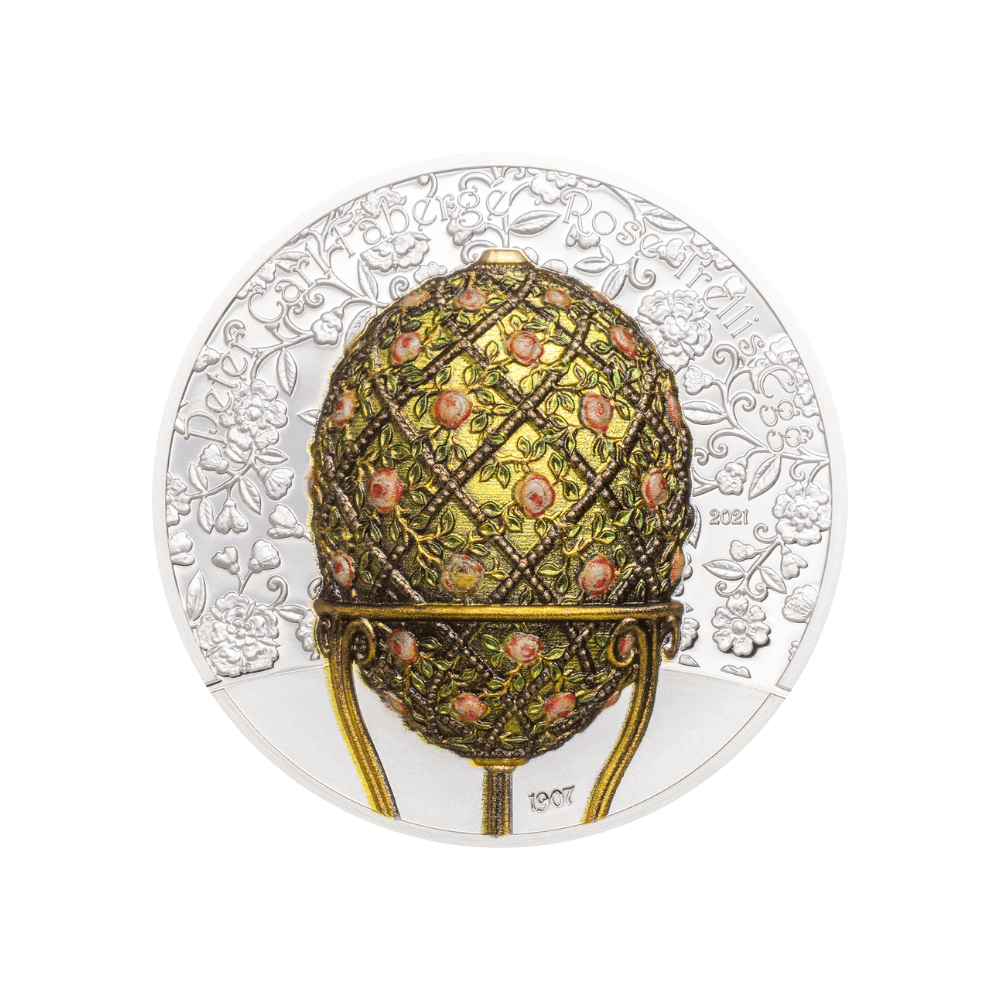 FABERGE EGG Rose Trellis 2 Oz Silver Coin 1000 Togrog Mongolia 2021