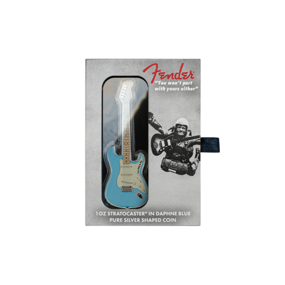 FENDER® STRATOCASTER® GUITAR Daphne Blue 1 Oz Silver Coin $2 Solomon Islands 2023