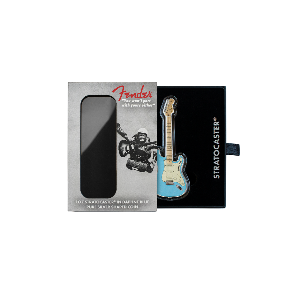 FENDER® STRATOCASTER® GUITAR Daphne Blue 1 Oz Silver Coin $2 Solomon Islands 2023