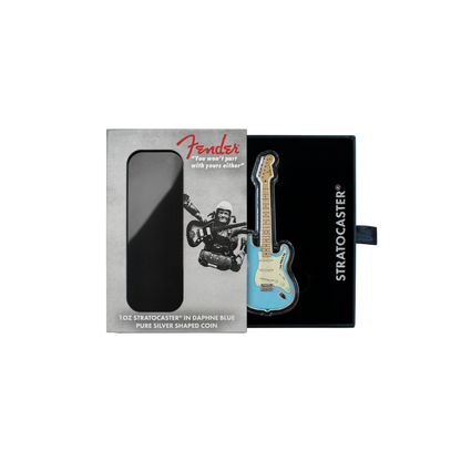 FENDER® STRATOCASTER® GUITAR Daphne Blue 1 Oz Silver Coin $2 Solomon Islands 2023