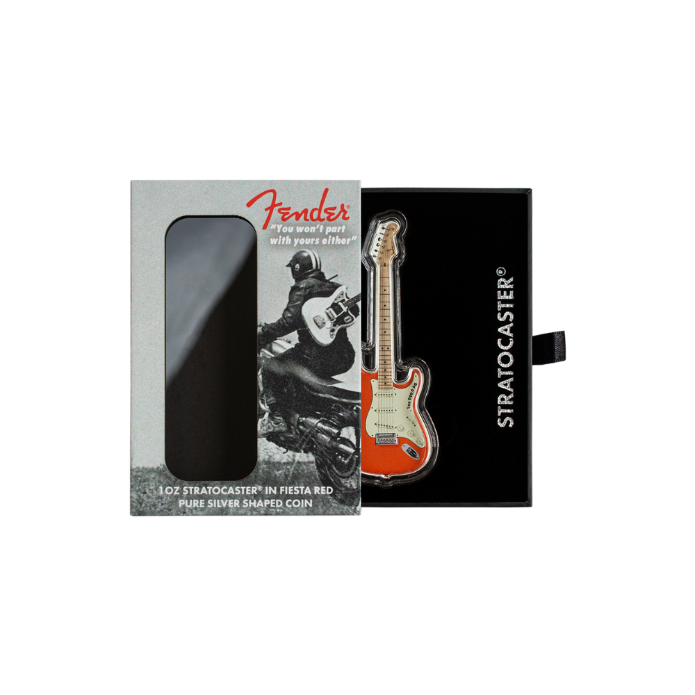 FENDER® STRATOCASTER® GUITAR Fiesta Red 1 Oz Silver Coin $2 Solomon Islands 2022