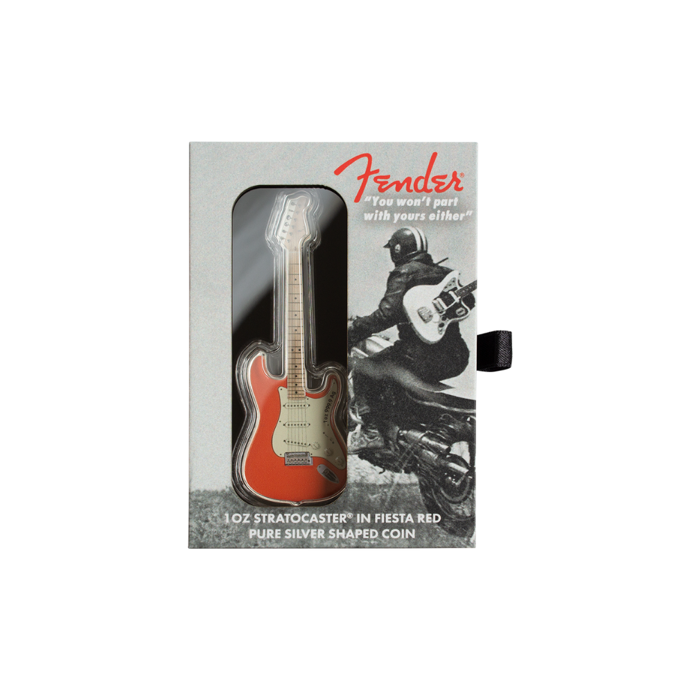 FENDER® STRATOCASTER® GUITAR Fiesta Red 1 Oz Silver Coin $2 Solomon Islands 2022
