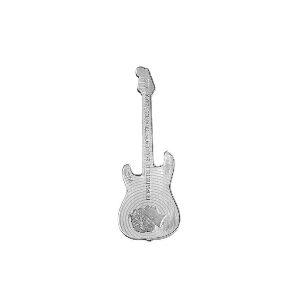 FENDER® STRATOCASTER® GUITAR Fiesta Red 1 Oz Silver Coin $2 Solomon Islands 2022