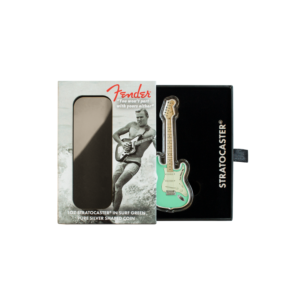 FENDER® STRATOCASTER® GUITAR Surf Green 1 Oz Silver Coin $2 Solomon Islands 2022