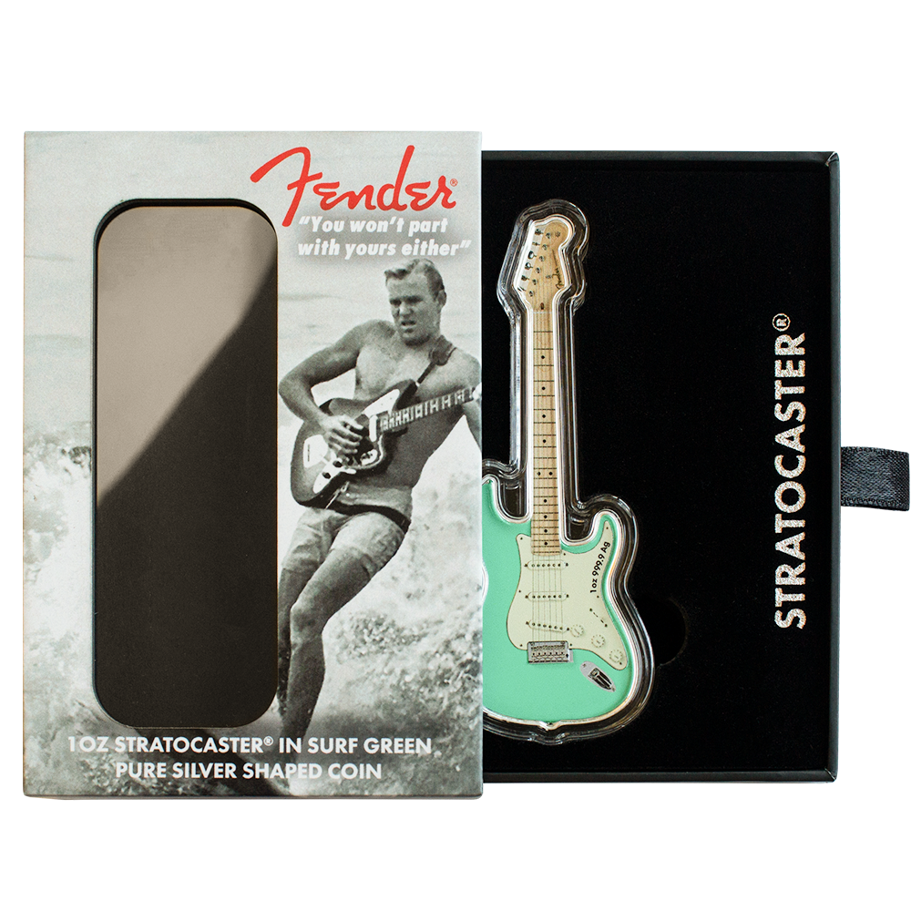 FENDER STRATOCASTER GUITAR Surf Green 1 Oz Silver Coin $2 Solomon Islands 2022 - PARTHAVA COIN