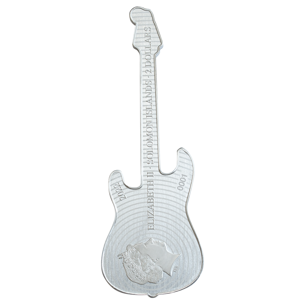 FENDER STRATOCASTER GUITAR Surf Green 1 Oz Silver Coin $2 Solomon Islands 2022 - PARTHAVA COIN