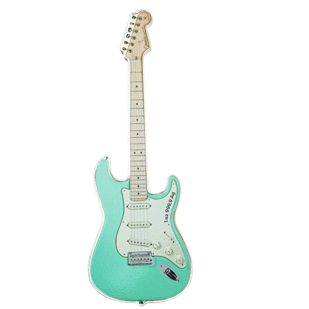 FENDER STRATOCASTER GUITAR Surf Green 1 Oz Silver Coin $2 Solomon Islands 2022 - PARTHAVA COIN