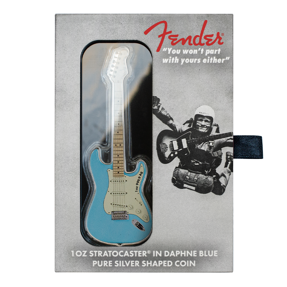 FENDER Stratocaster Guitar Daphne Blue 1 Oz Silver Coin $2 Solomon Islands 2023 - PARTHAVA COIN