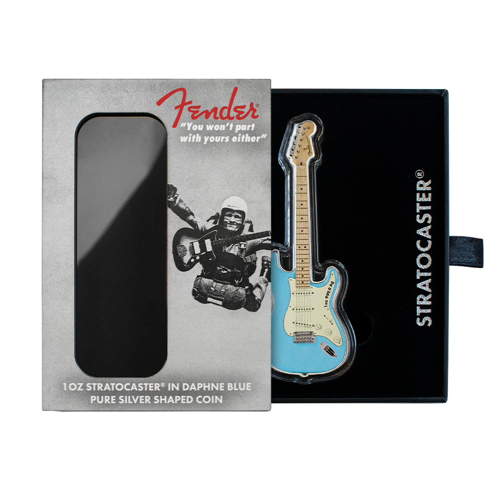 FENDER Stratocaster Guitar Daphne Blue 1 Oz Silver Coin $2 Solomon Islands 2023 - PARTHAVA COIN
