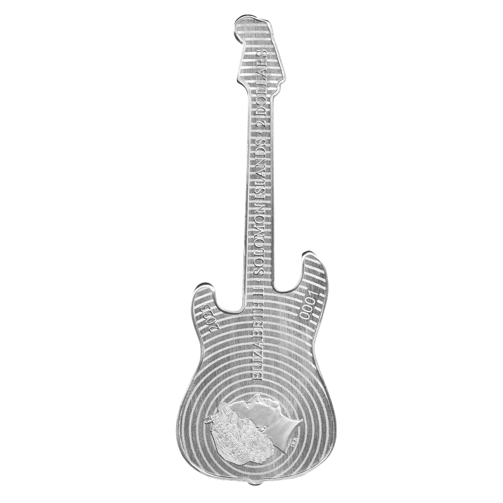 FENDER Stratocaster Guitar Daphne Blue 1 Oz Silver Coin $2 Solomon Islands 2023 - PARTHAVA COIN