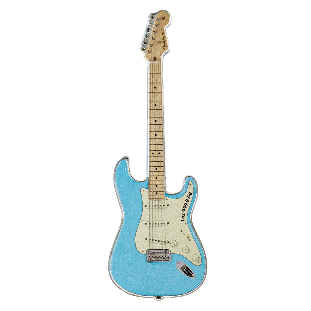 FENDER Stratocaster Guitar Daphne Blue 1 Oz Silver Coin $2 Solomon Islands 2023 - PARTHAVA COIN