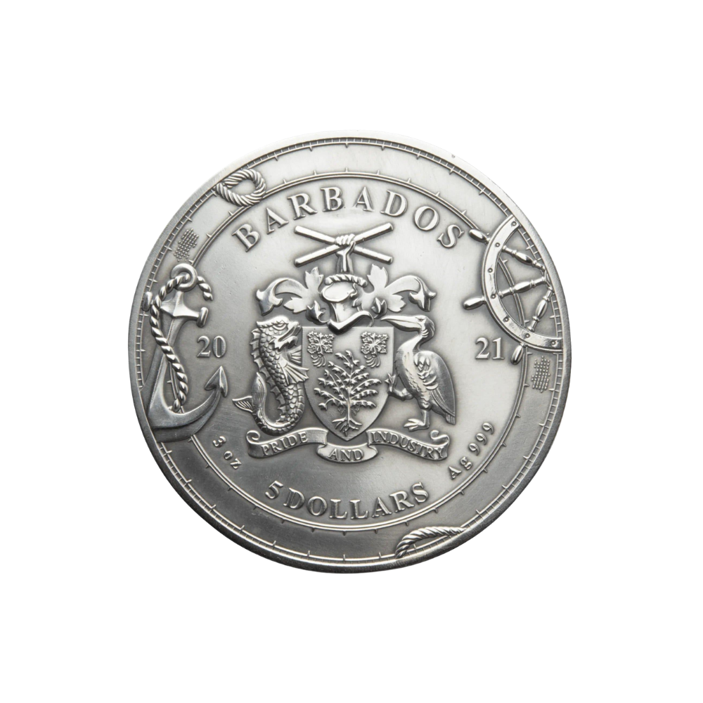 FERDINAND MAGELLAN 500th Anniversary 3 Oz Silver Coin $5 Barbados 2021