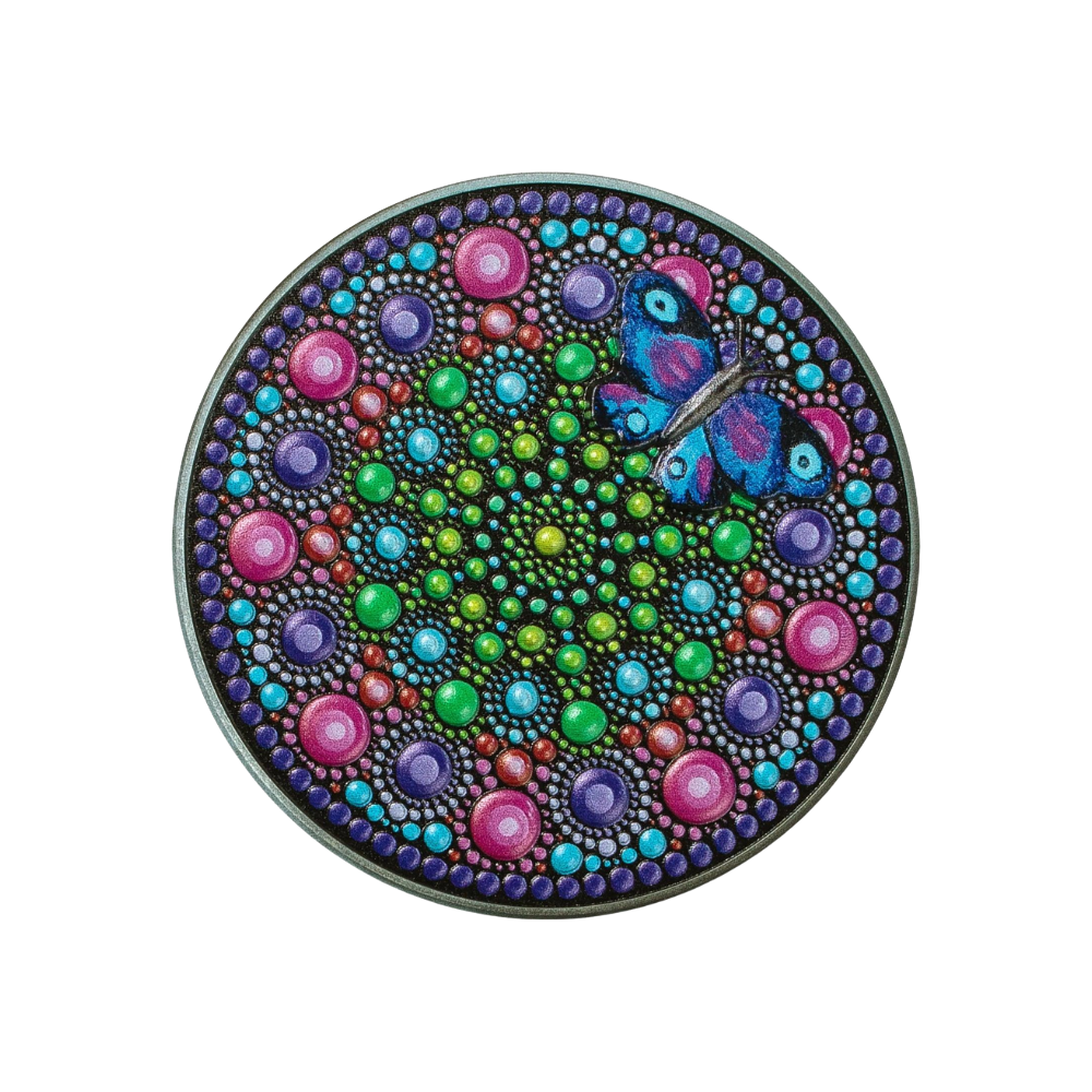 FLOWER WITH BUTTERFLY Dot Art 3 Oz Silver Coin $20 Palau 2023