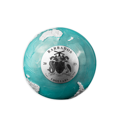 FROZEN MARBLE Planet Earth Spherical 3 Oz Silver Coin $5 Barbados 2023
