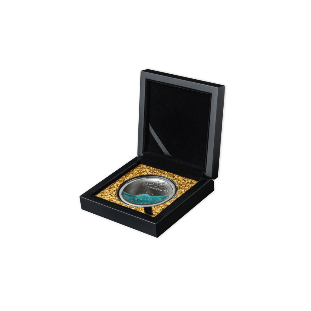 GOLD RUSH KLONDIKE 125TH ANNIVERSARY CONVEX 50g Silver Coin $5 Solomon Island 2021