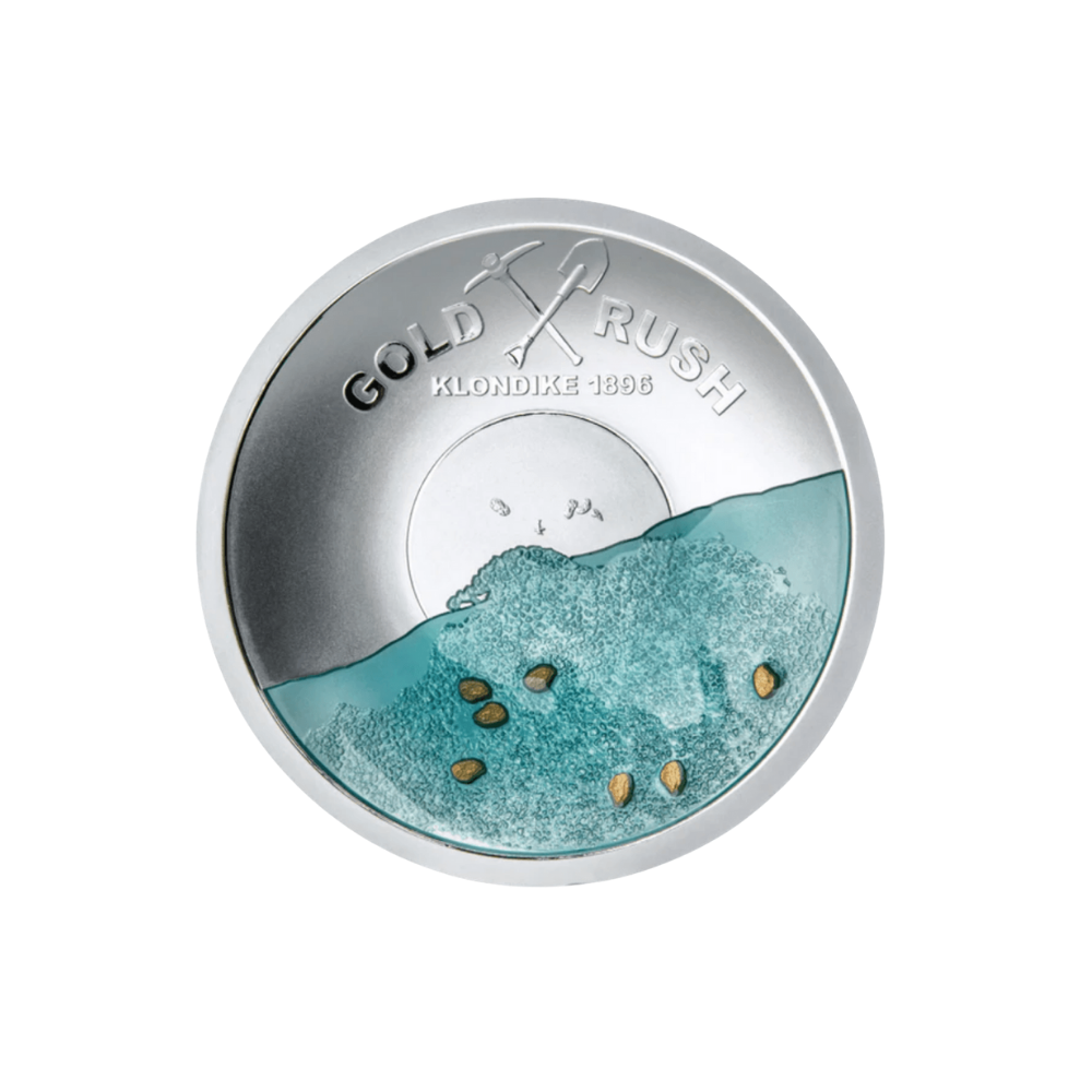 GOLD RUSH KLONDIKE 125TH ANNIVERSARY CONVEX 50g Silver Coin $5 Solomon Island 2021
