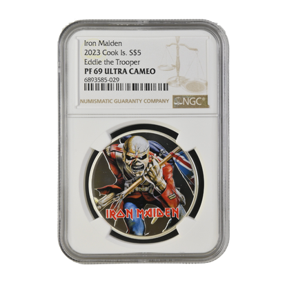 Iron Maiden-EDDIE THE TROOPER 1 Oz Silver Coin $5 Cook Islands 2023- NGC Graded PF 69 Ultra Cameo