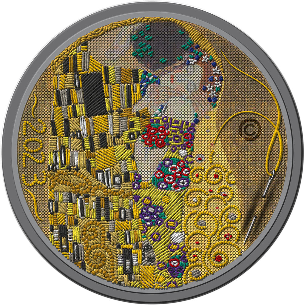 KISS Gustav Klimt Fine Embroidery Art 3 Oz Silver Coin $20 Palau 2023