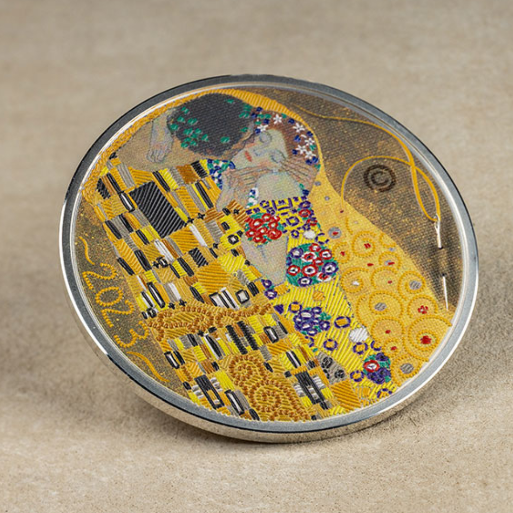 KISS Gustav Klimt Fine Embroidery Art 3 Oz Silver Coin $20 Palau 2023