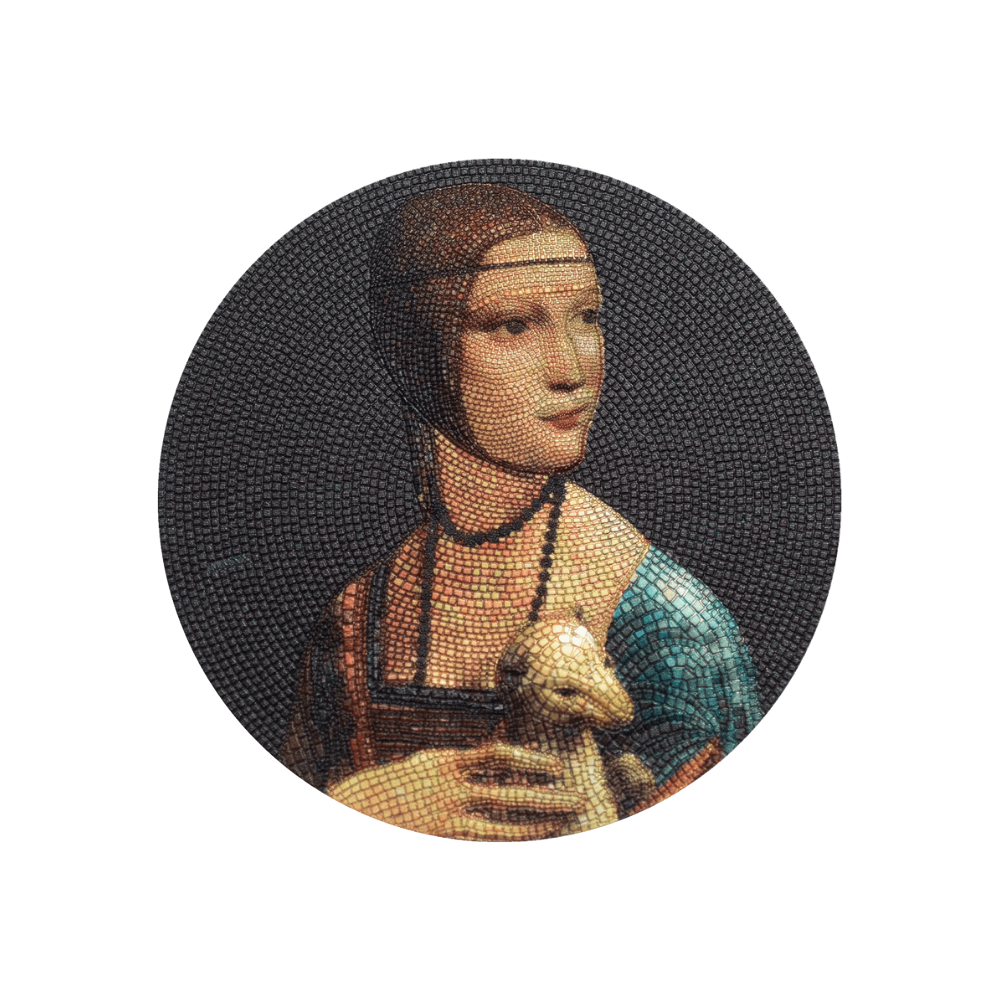 LADY WITH AN ERMINE Leonardo da Vinci Great Micromosaic Passion 3 Oz Silver Coin $20 Palau 2020