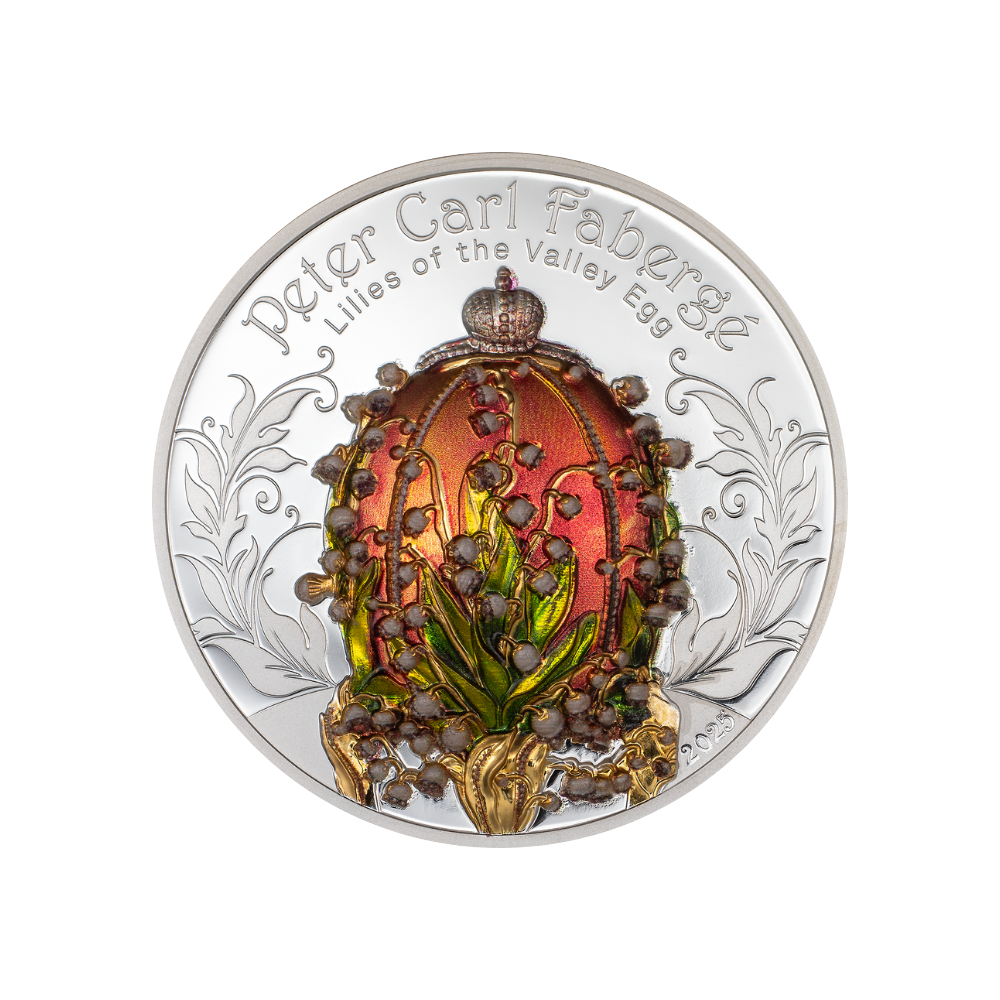 LILIES OF THE VALLEY EGG Fabergé 2 Oz Silver Coin 1000 Togrog Mongolia 2025