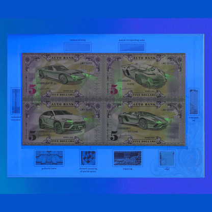 Lamborghini Auto Fantasy Note Limited Series Uncut Sheet of Four Notes