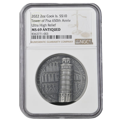 Leaning Tower of Pisa 2 Oz Silver Coin - MS 69 ANTIQUED reverse