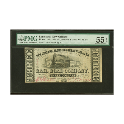 Louisiana $3 1861 New Orleans Jackson & Gt Northern PMG 55 EPQ