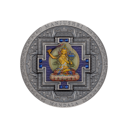 MANJUSHRI MANDALA Archeology Symbolism Coloured 3 Oz Silver Coin 2000 Togrog Mongolia 2024