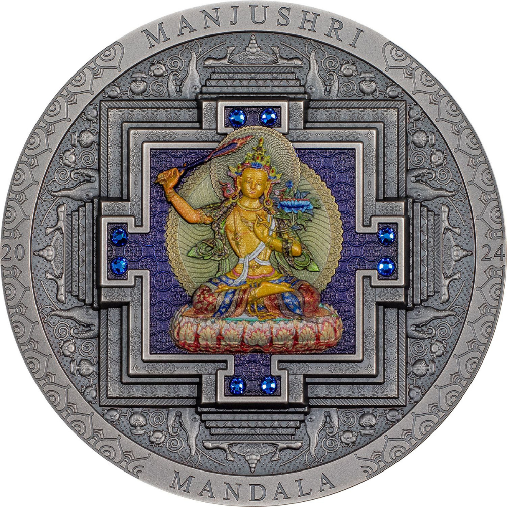 MANJUSHRI MANDALA Archeology Symbolism Coloured 3 Oz Silver Coin 2000 Togrog Mongolia 2024