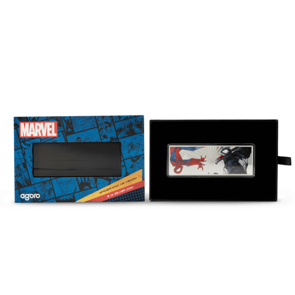 Marvel Spider-Man VS Venom 3 Oz Silver Coin presentation box opened - Agoro by New Zealand Mint
