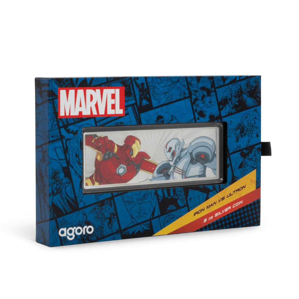 Marvel Iron Man VS Ultron 3 Oz Silver Coin packaging - Agoro New Zealand Mint