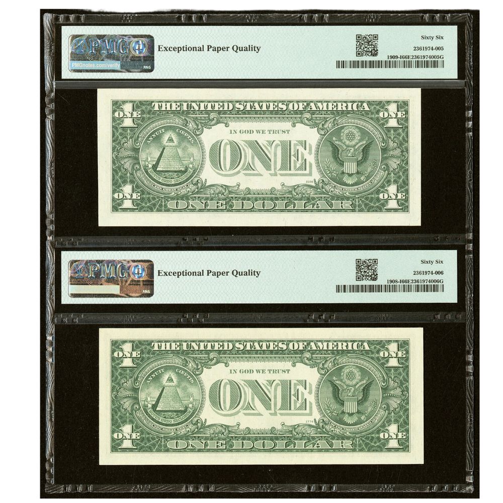 Matching Radar Serial Number Fr. 1908-I $1 1974 | Fr. 1909-I $1 1977 Federal Reserve Note. PMG Gem Uncirculated 66 EPQ obverse