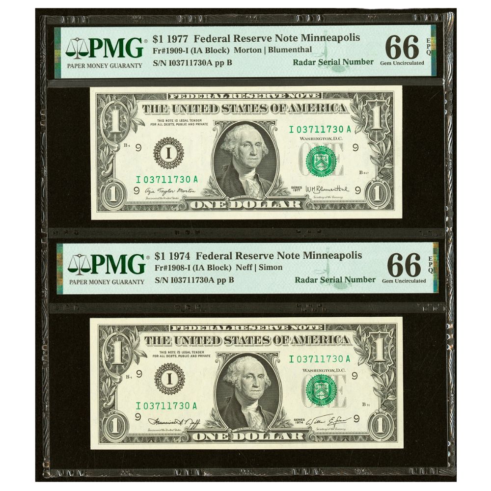 Matching Radar Serial Number Fr. 1908-I $1 1974 | Fr. 1909-I $1 1977 Federal Reserve Note. PMG Gem Uncirculated 66 EPQ reverse