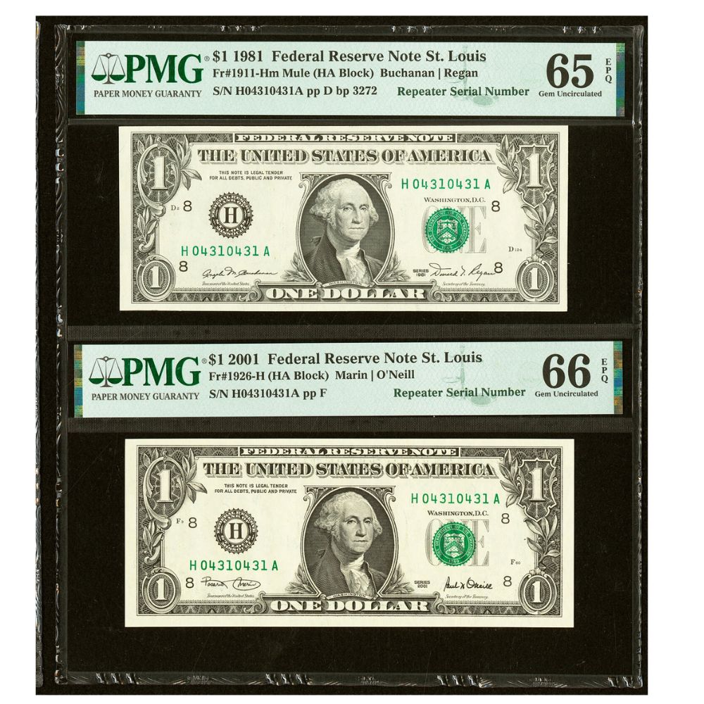 Matching Repeater Serial Number Fr. 1911-H $1 1981 | Fr. 1909-I 1977 Federal Reserve Note PMG 65/66 EPQ