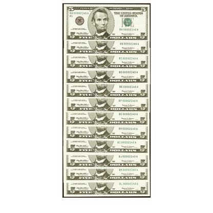 Matching Serial Number 00002140 BEP Premium Federal Reserve $5 Set Series 1999 – 13 Notes