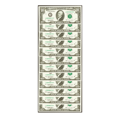 Matching Serial Number 99998473 BEP Premium Federal Reserve $10 Set Series 1995 – 12 Notes