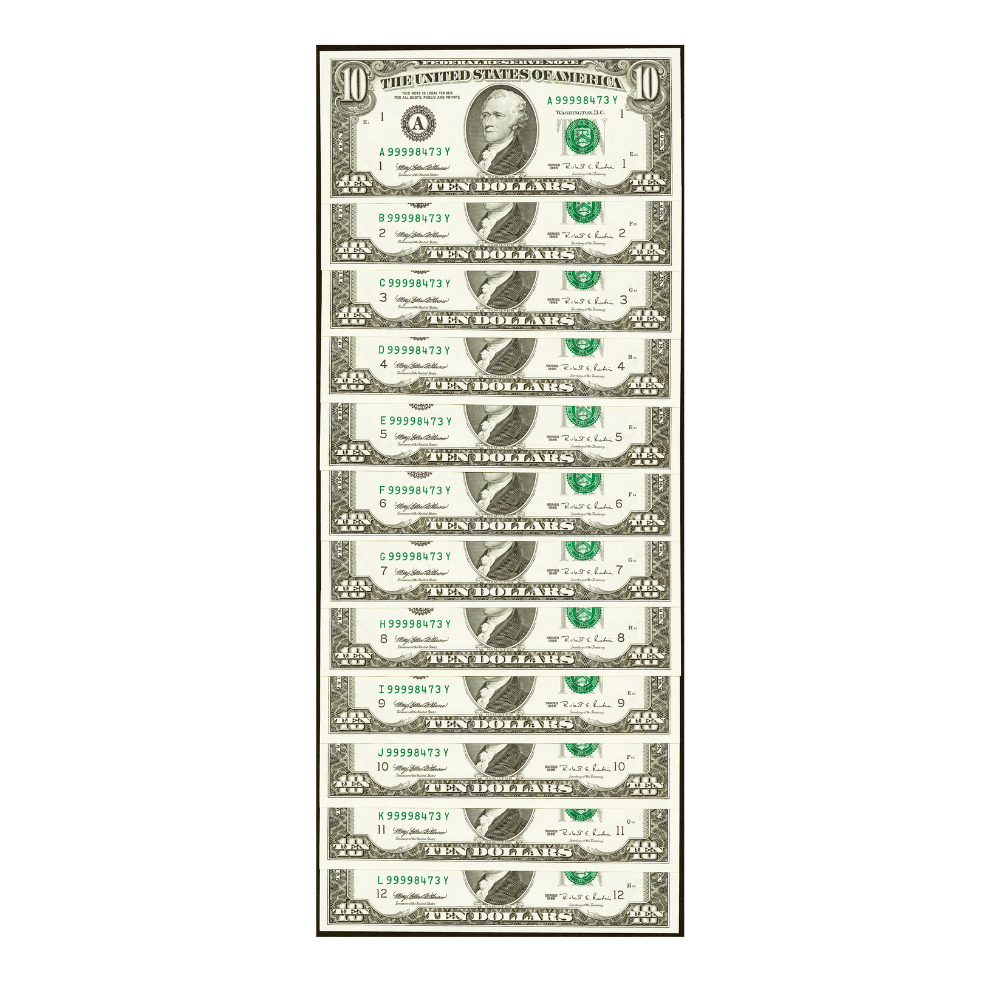 Matching Serial Number 99998473 BEP Premium Federal Reserve $10 Set Series 1999 – 12 Notes